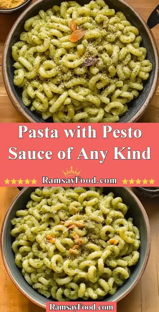 Delicious pasta with pesto sauce, showcasing a variety of green sauces and ingredients.