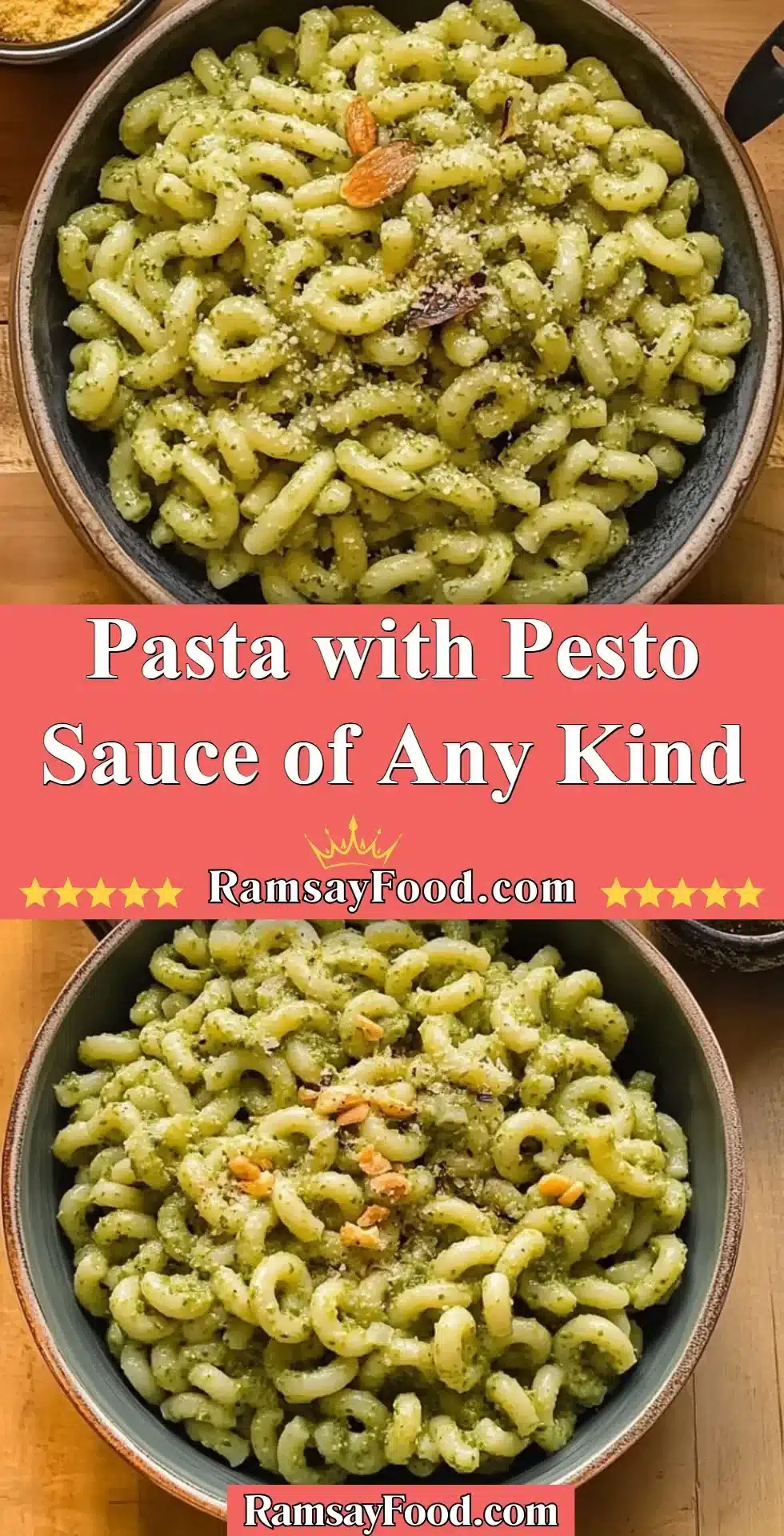 Delicious pasta with pesto sauce, showcasing a variety of green sauces and ingredients.