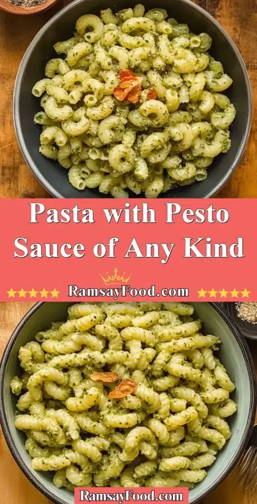 A plate of pasta with vibrant green pesto sauce garnished with pine nuts and basil.