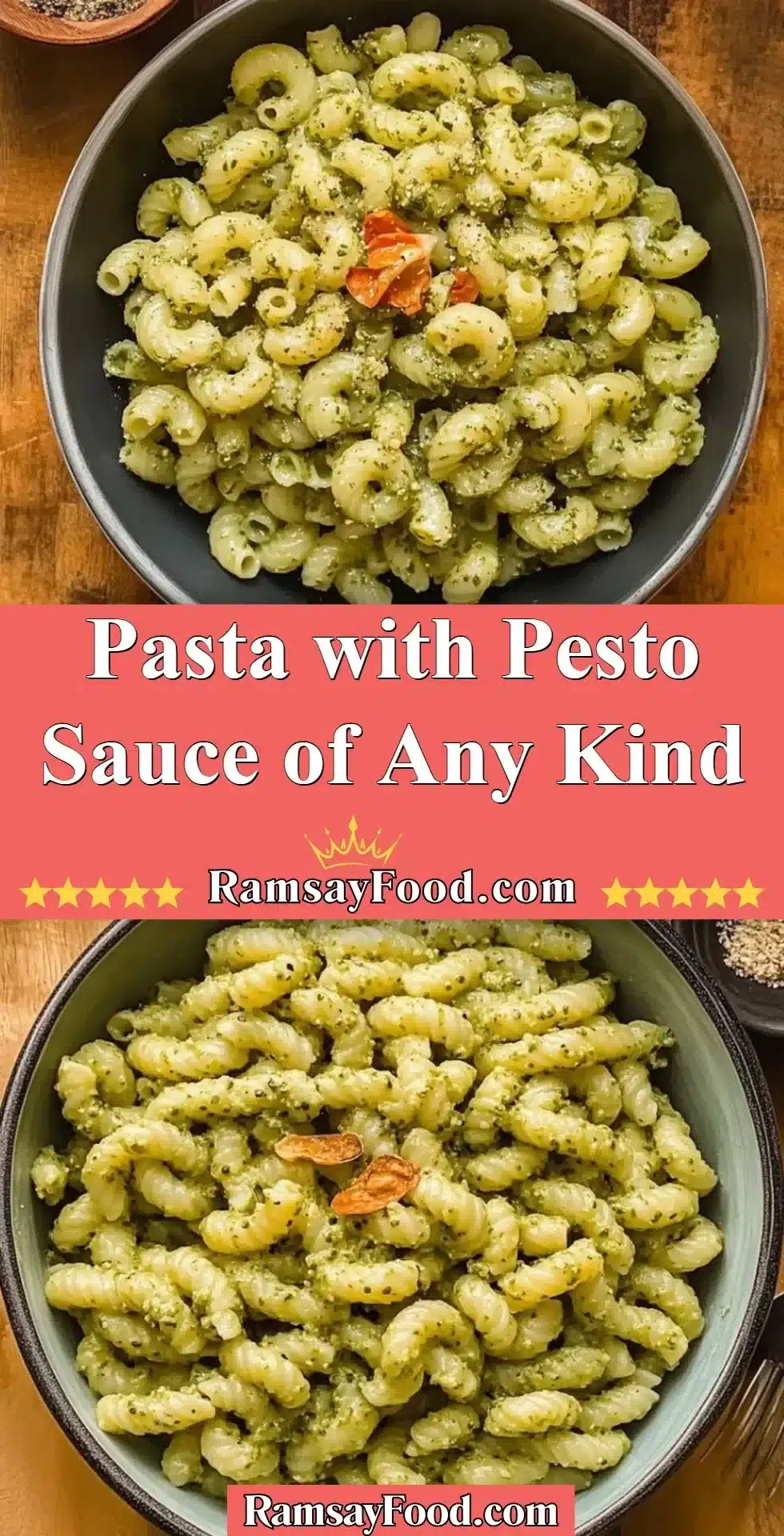 Pasta with Pesto Sauce of Any Kind 2 A plate of pasta with vibrant green pesto sauce garnished with pine nuts and basil.