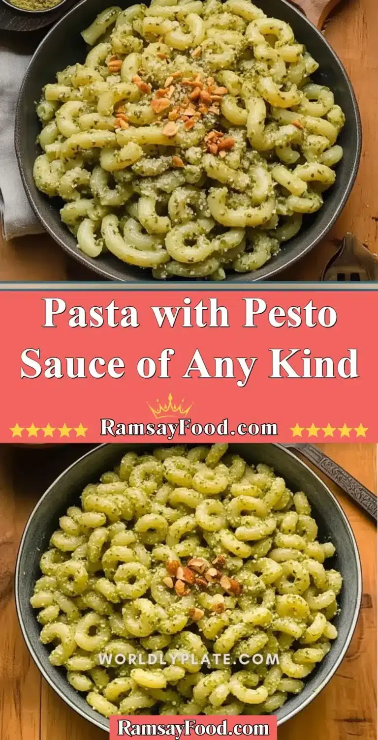 Pasta with Pesto Sauce of Any Kind 7 Bowl of pasta with vibrant green pesto sauce and fresh basil leaves
