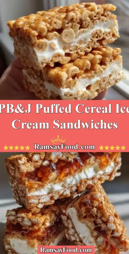PB&J ice cream sandwiches featuring puffed cereal for added crunch