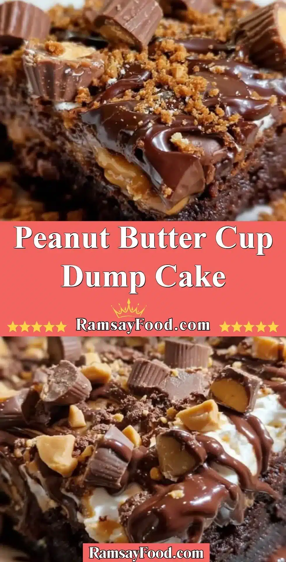 Delicious Peanut Butter Cup Dump Cake topped with creamy peanut butter and chocolate.