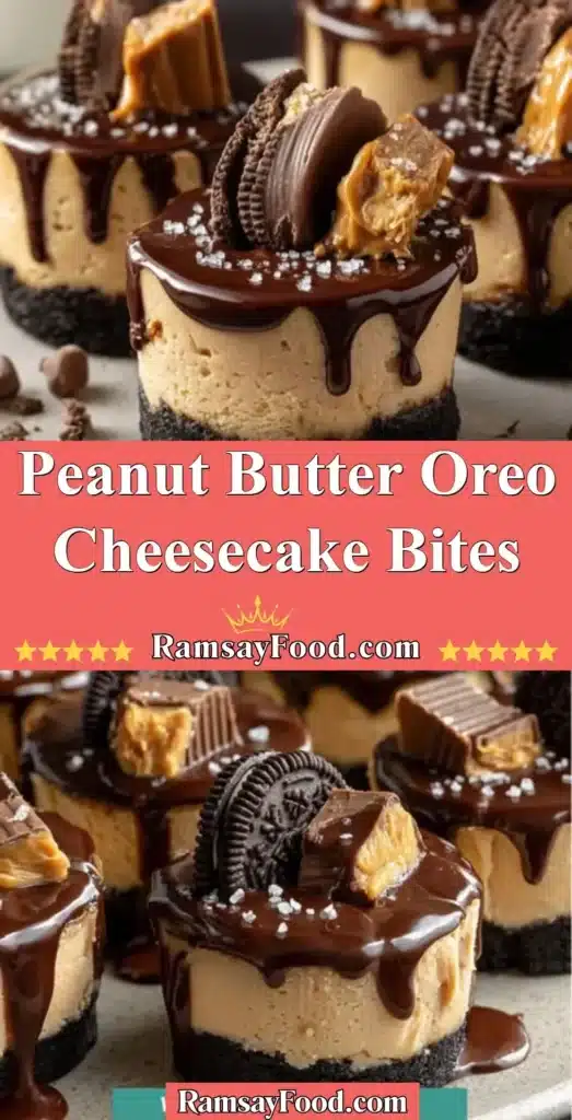 Peanut Butter Oreo Cheesecake Bites on a white plate garnished with crumbs