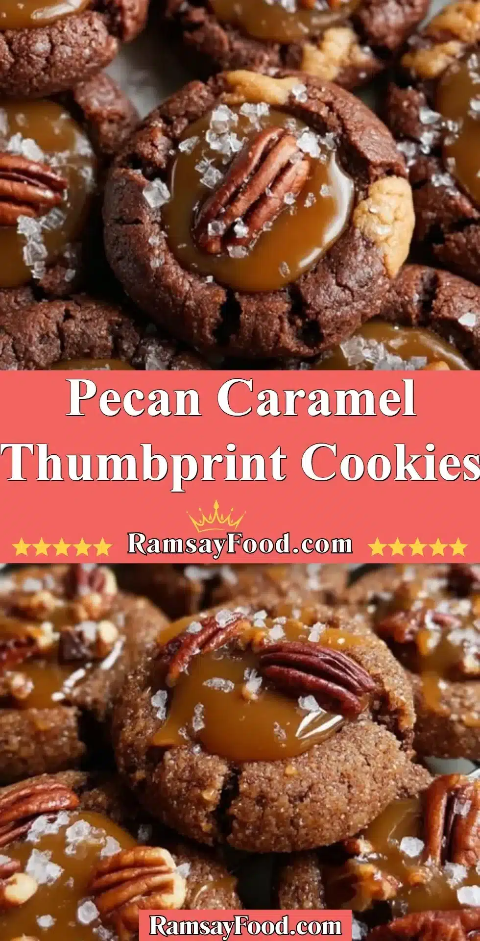 Delicious Pecan Caramel Thumbprint Cookies on a plate, garnished for presentation.