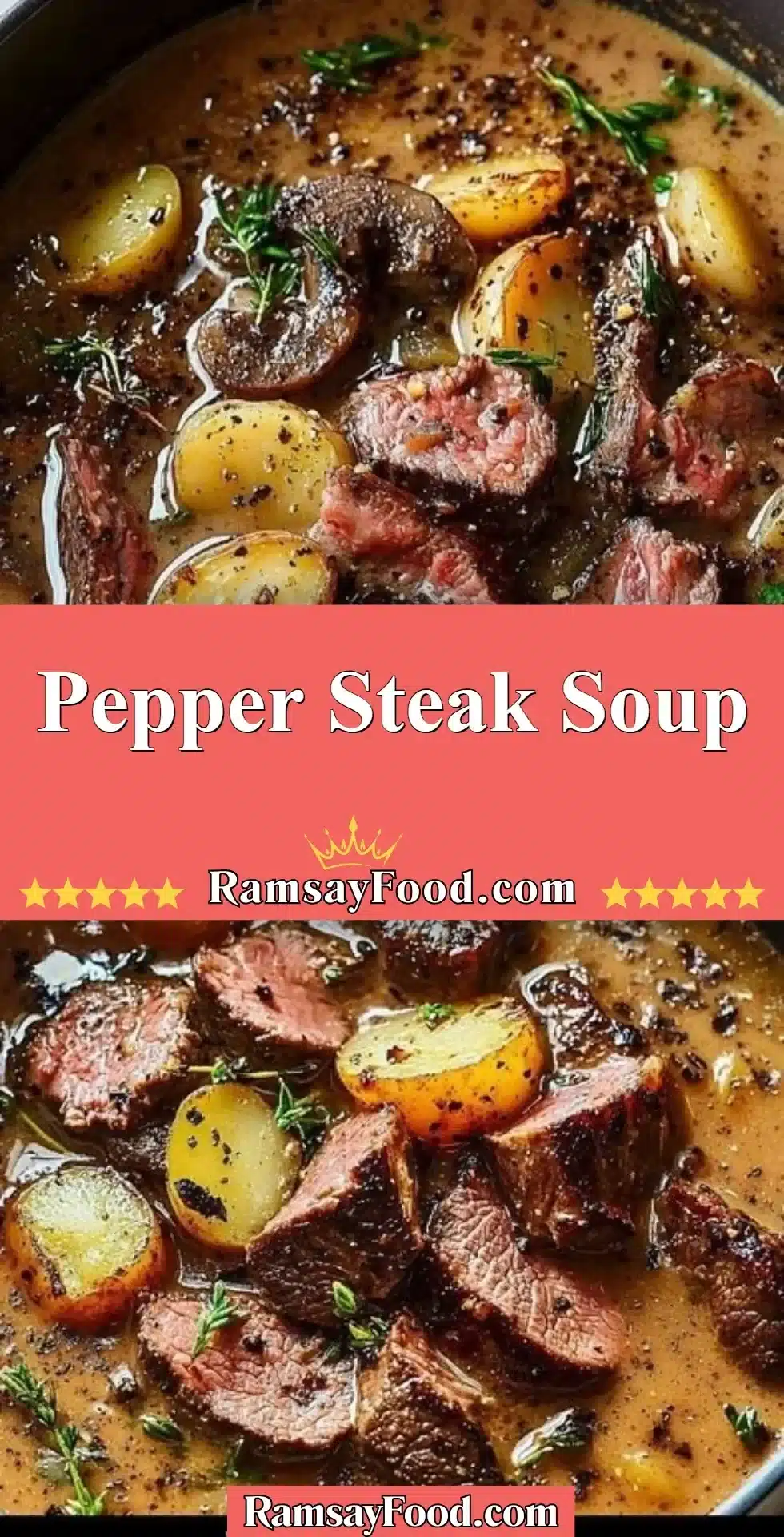 Delicious pepper steak soup filled with tender beef and colorful vegetables