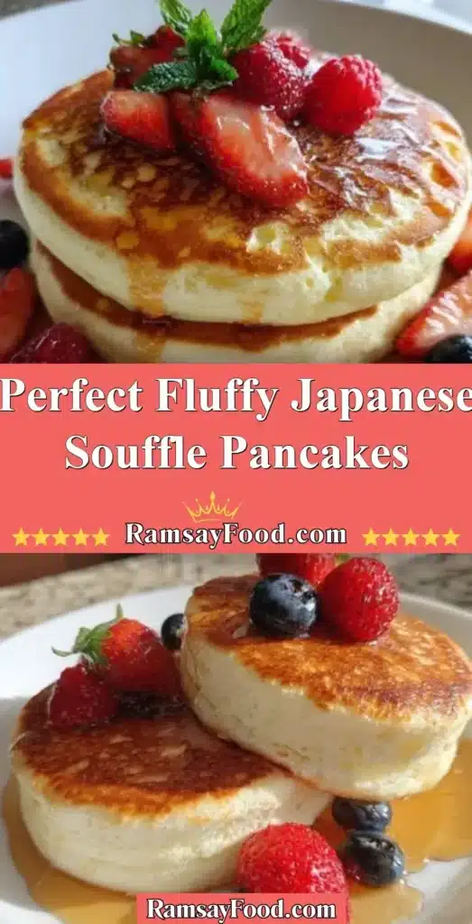 Fluffy Japanese souffle pancakes stacked and drizzled with maple syrup.