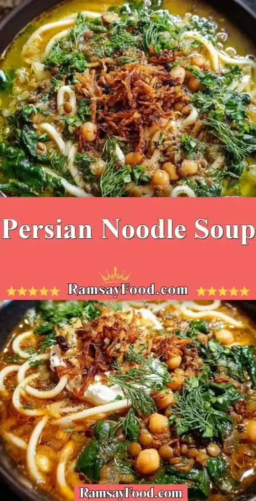 Bowl of traditional Persian Noodle Soup garnished with fresh herbs.