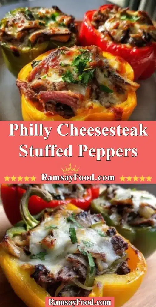 Philly cheesesteak stuffed peppers baked with cheese and beef toppings