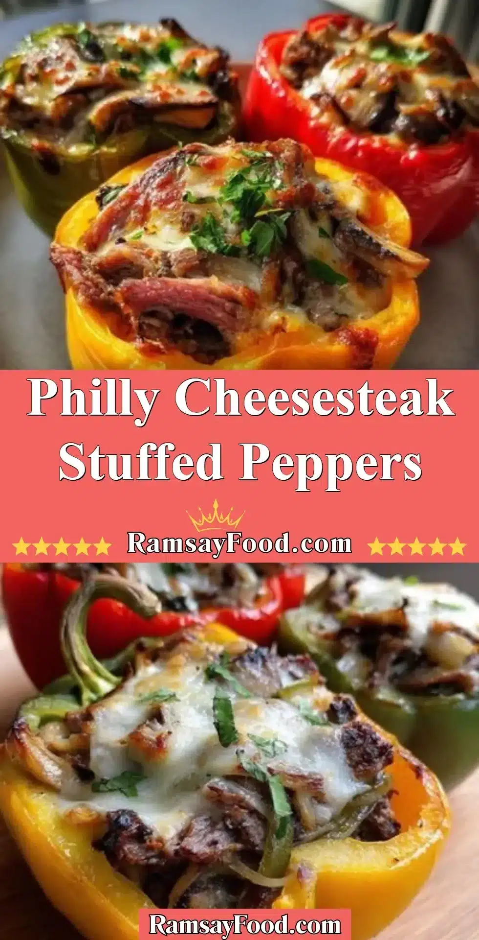 Philly cheesesteak stuffed peppers baked with cheese and beef toppings