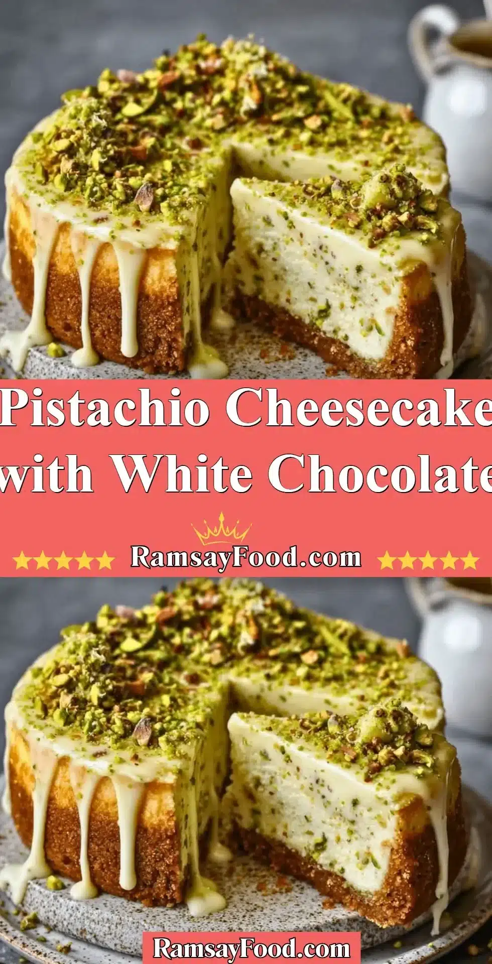 Pistachio Cheesecake with White Chocolate 2 Delicious Pistachio Cheesecake topped with white chocolate and pistachios.
