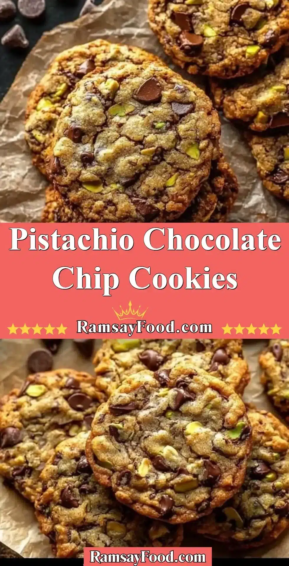 Pistachio Chocolate Chip Cookies 2 Delicious pistachio chocolate chip cookies on a plate, showcasing their unique texture.