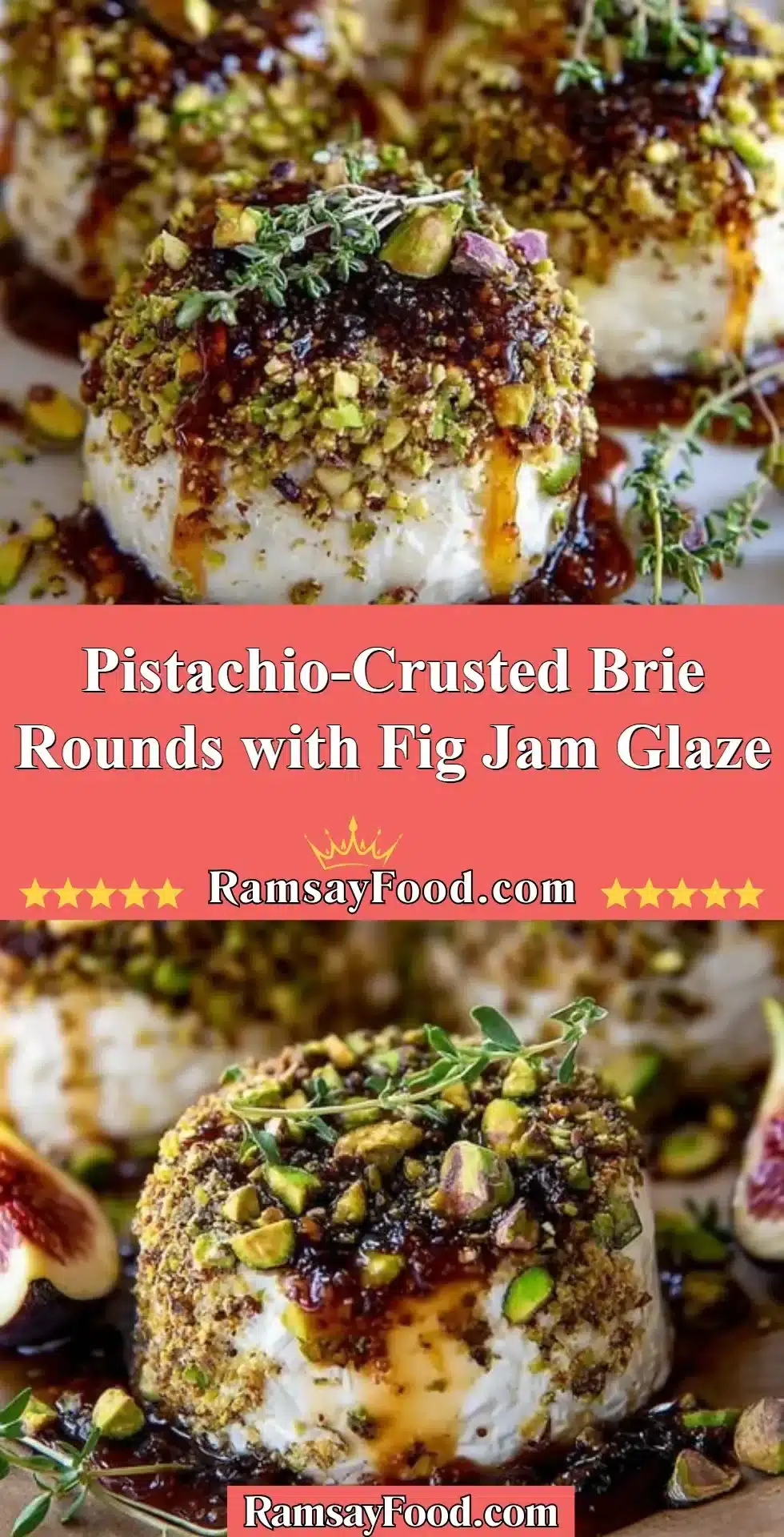 Pistachio-Crusted Brie Rounds with Fig Jam Glaze on a serving platter