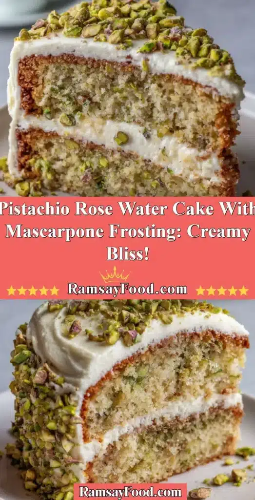 Pistachio Rose Water Cake topped with creamy mascarpone frosting