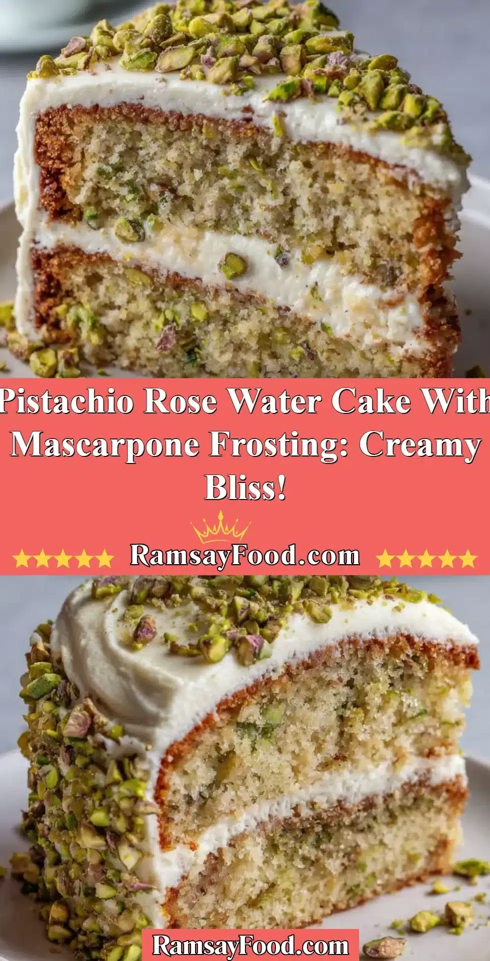Pistachio Rose Water Cake topped with creamy mascarpone frosting