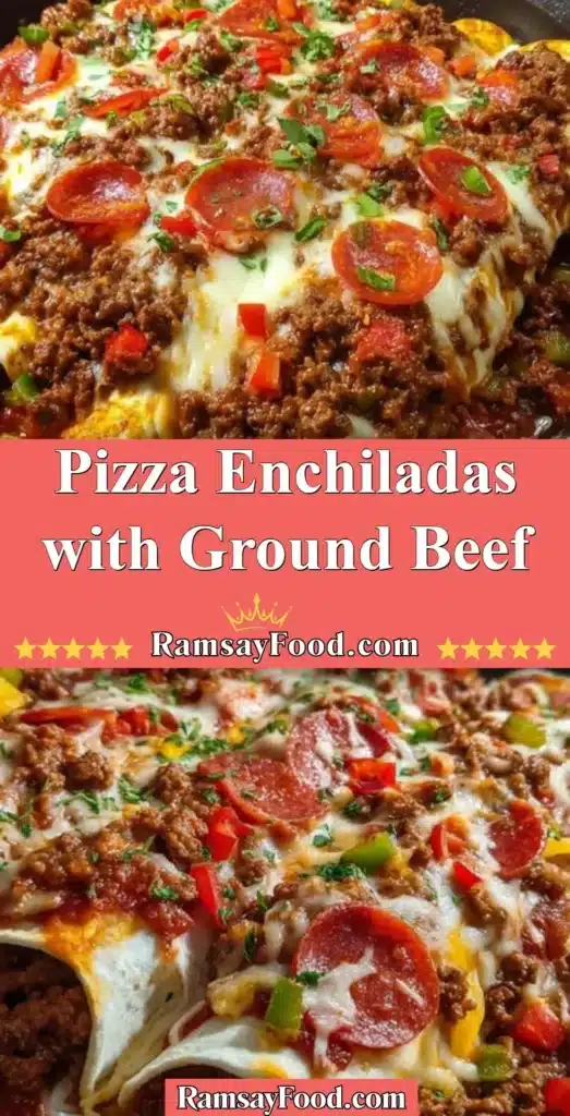 Delicious Pizza Enchiladas topped with ground beef and cheese