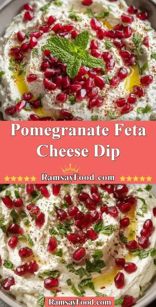 Pomegranate Feta Dip served in a bowl garnished with pomegranate seeds and herbs