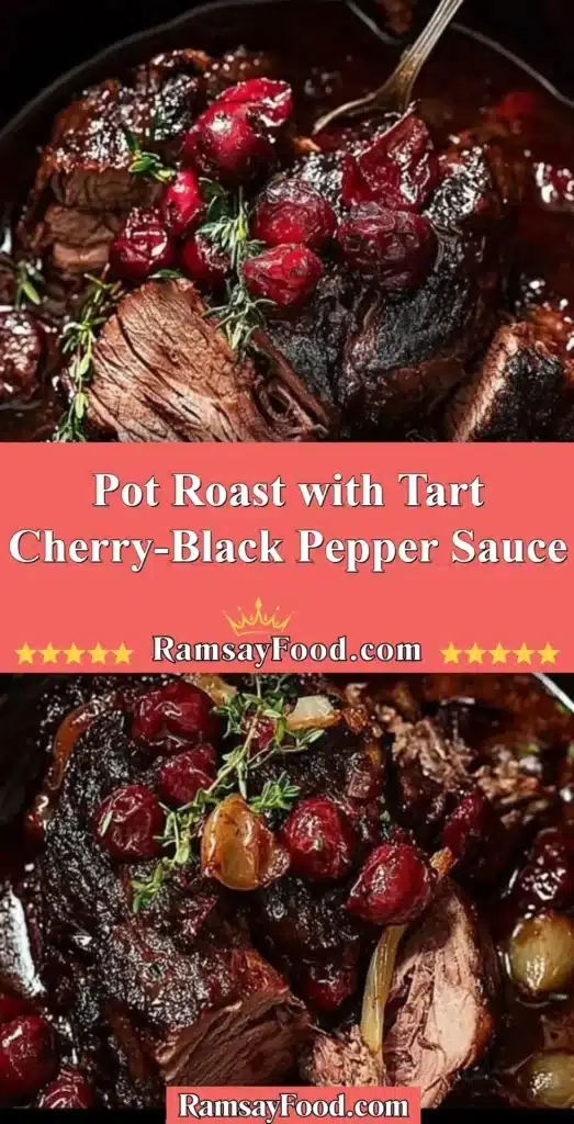 Pot roast served with tart cherry-black pepper sauce on a plate.