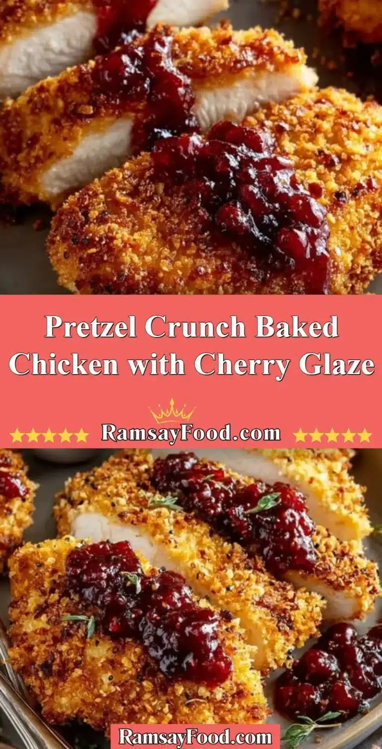 Pretzel Crunch Baked Chicken with Cherry Glaze 6 Pretzel Crunch Baked Chicken drizzled with Cherry Glaze, served on a plate.