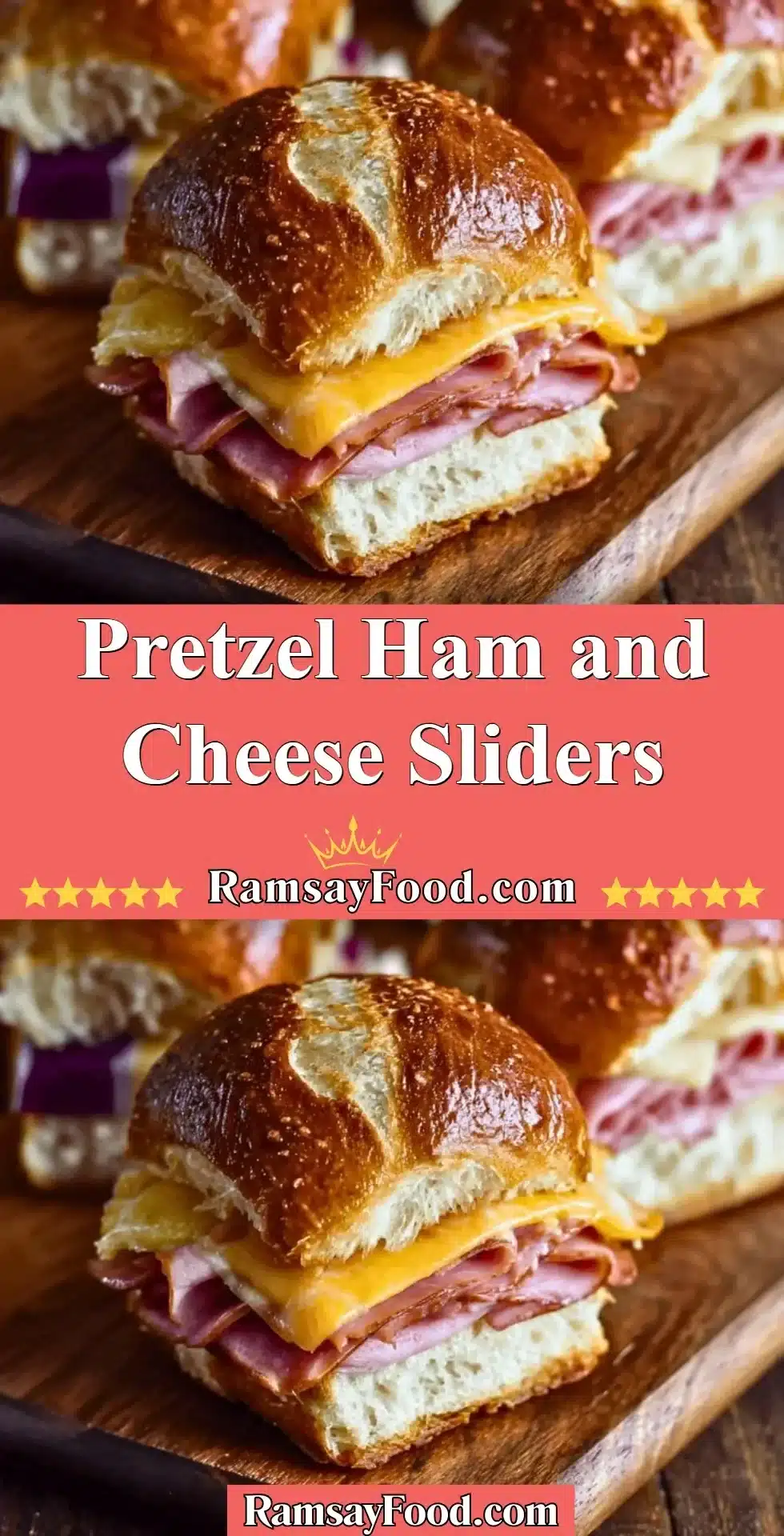 Pretzel Ham and Cheese Sliders 2 Pretzel ham and cheese sliders on a platter, perfect for snacks and gatherings