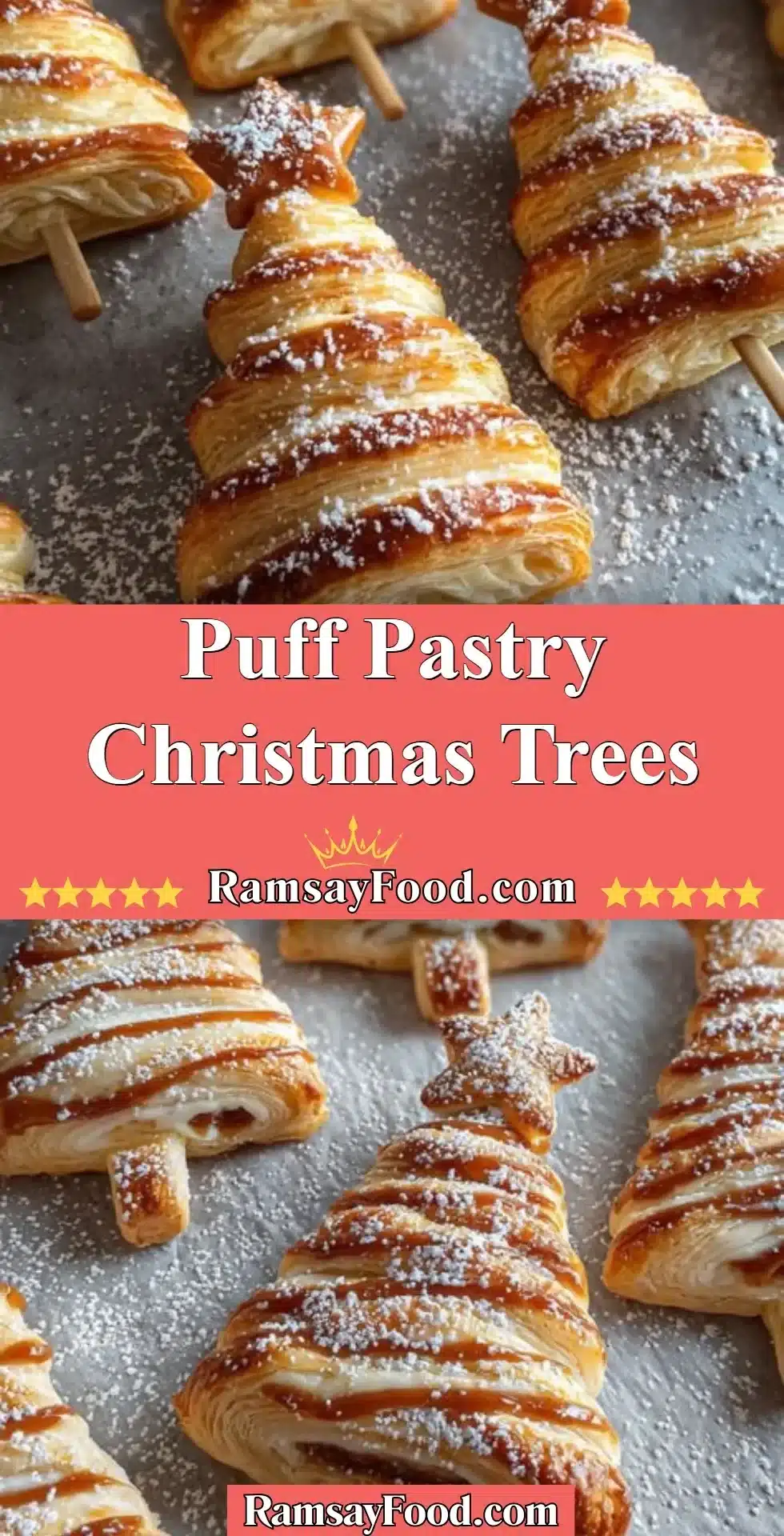 Festive puff pastry Christmas trees garnished with herbs and spices.