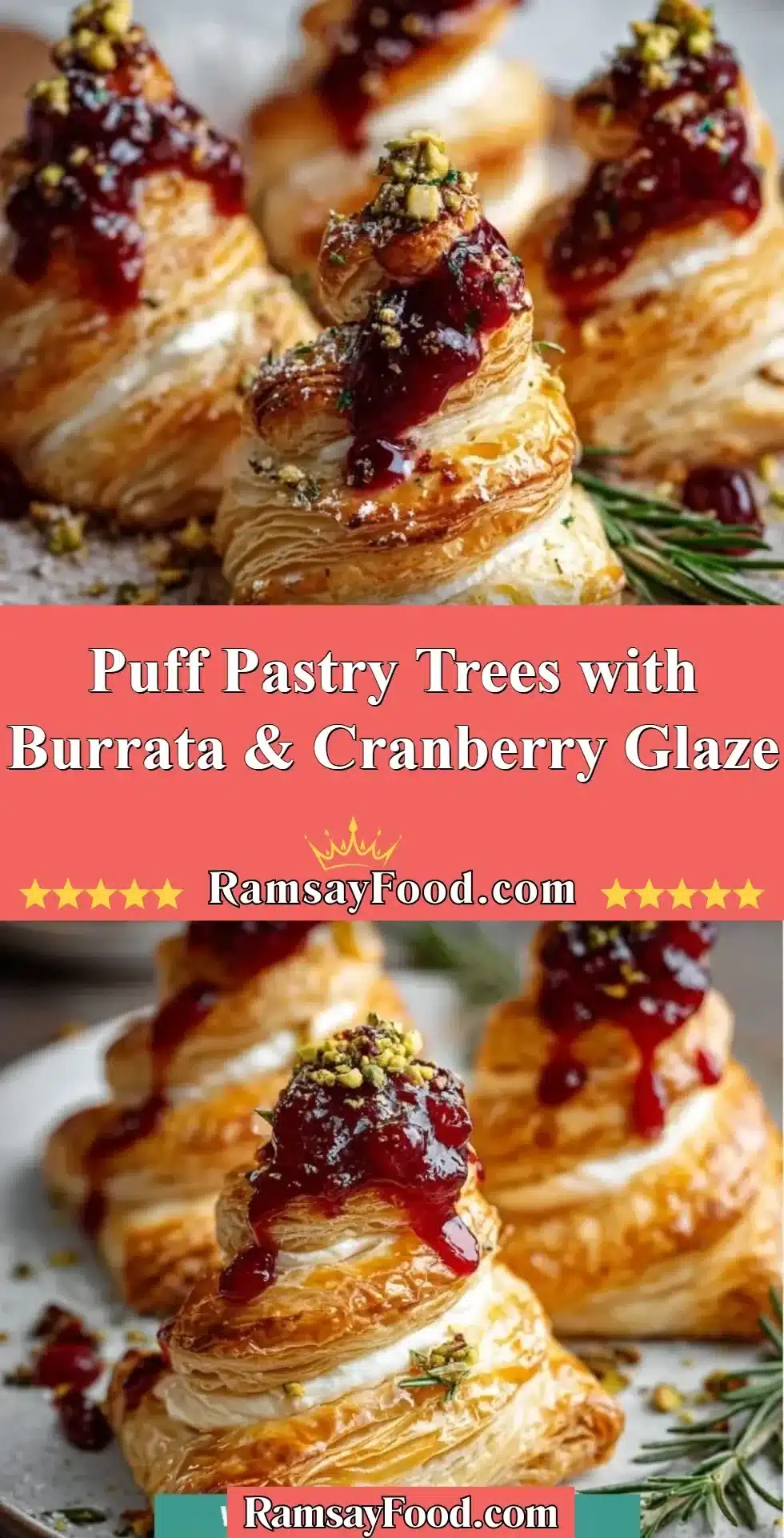 Puff Pastry Trees with Burrata & Cranberry Glaze 2 Puff pastry trees topped with burrata cheese and cranberry glaze on a festive table