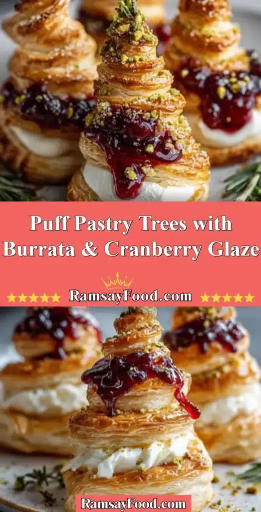 Puff Pastry Trees filled with Burrata and topped with Cranberry Glaze
