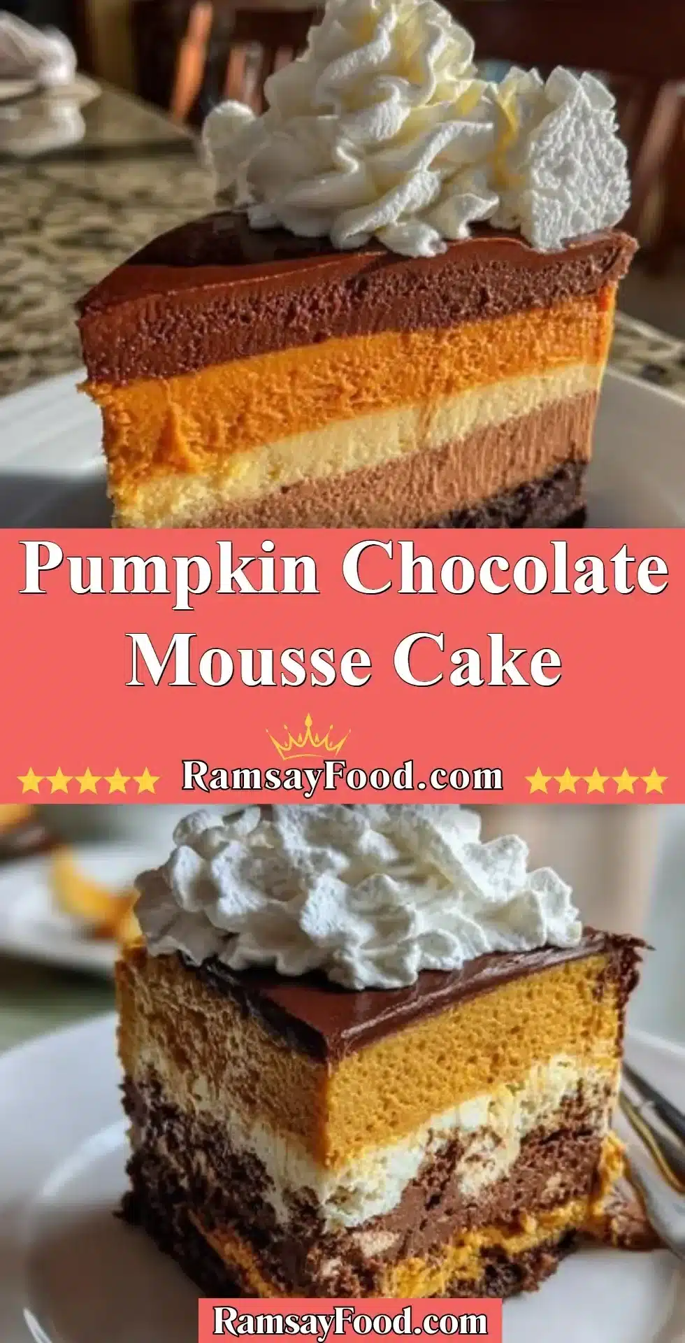 Delicious Pumpkin Chocolate Mousse Cake topped with whipped cream and chocolate shavings