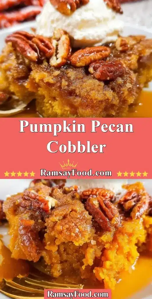 Delicious Pumpkin Pecan Cobbler topped with pecans and served warm.