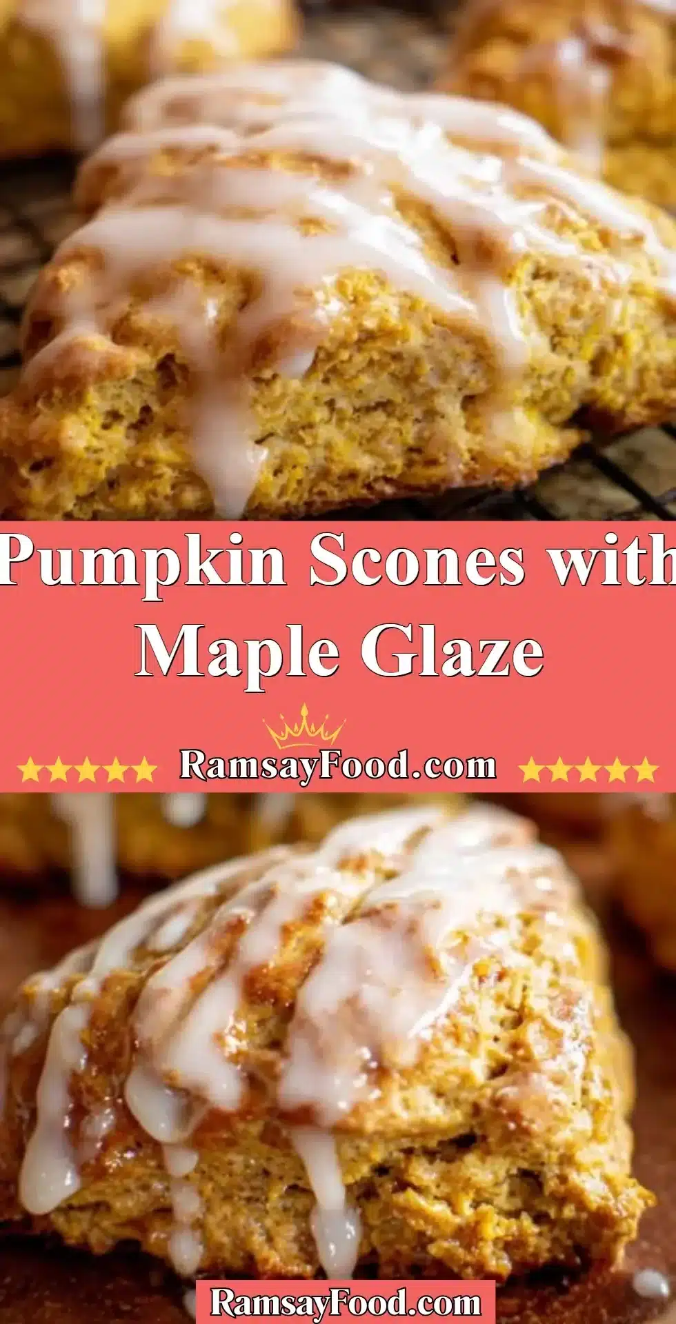 Pumpkin Scones with Maple Glaze 2 Freshly baked pumpkin scones drizzled with maple glaze