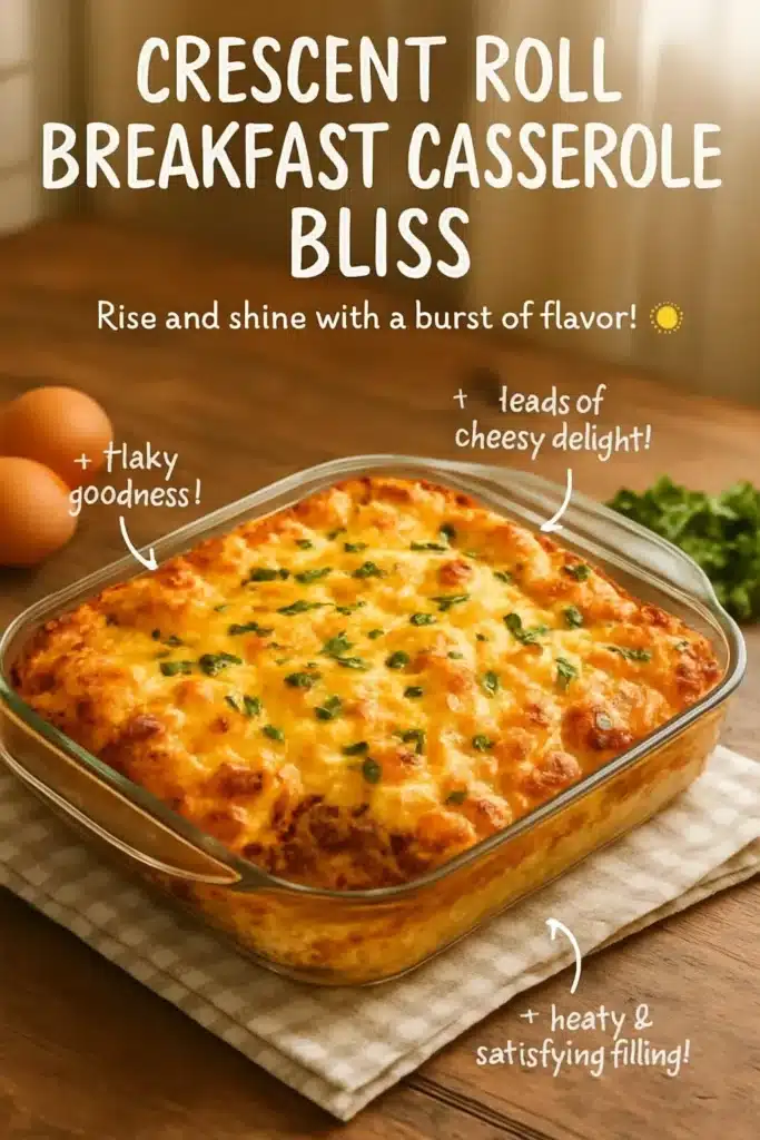 Quick & easy crescent roll breakfast casserole served in a dish