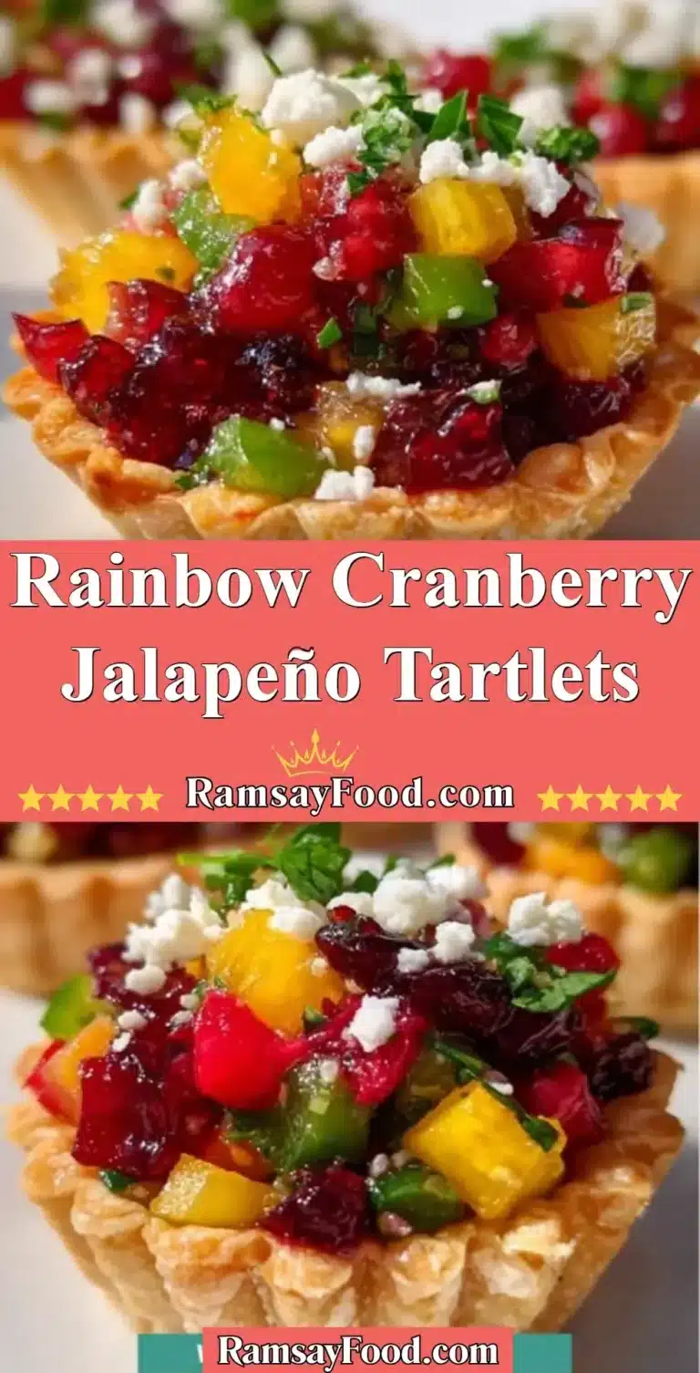Rainbow Cranberry Jalapeño Tartlets 4 Rainbow Cranberry Jalapeño Tartlets garnished with colorful toppings.