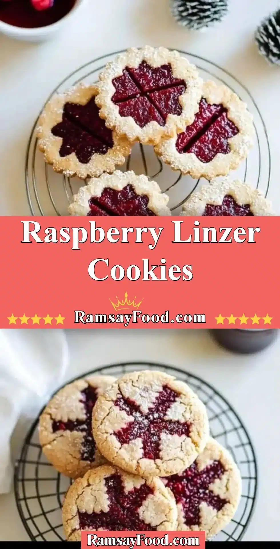 Raspberry Linzer Cookies 2 Delicious Raspberry Linzer Cookies with a jam filling and powdered sugar topping.