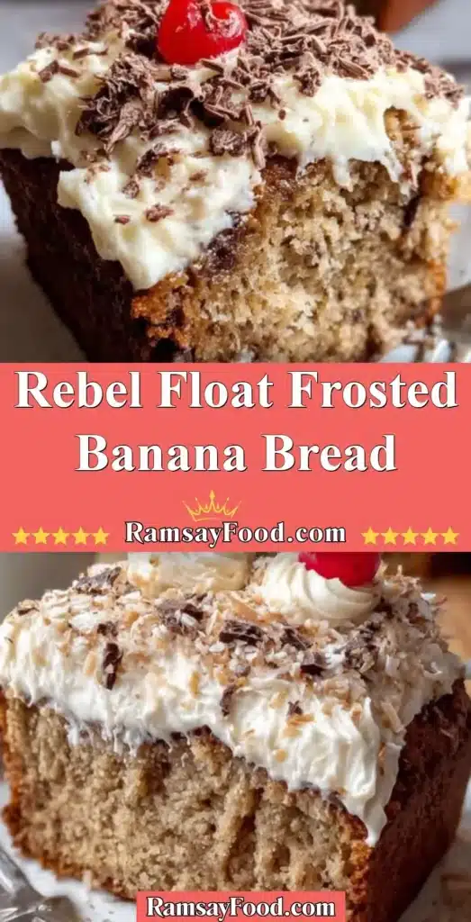 Delicious Rebel Float Frosted Banana Bread topped with creamy frosting.