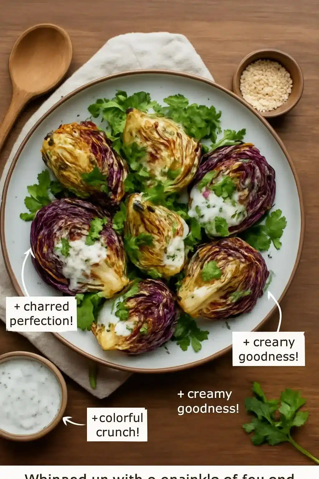 Refreshing cabbage salad with yogurt dressing, garnished with herbs.