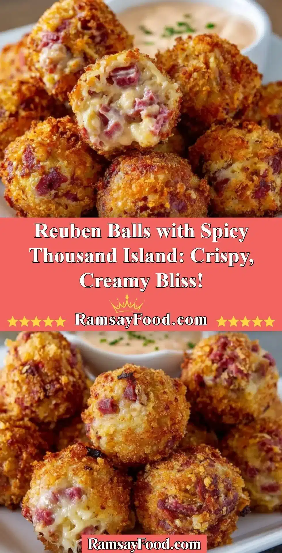 Reuben Balls with Spicy Thousand Island: Crispy, Creamy Bliss! 2 Crispy Reuben Balls served with Spicy Thousand Island dressing