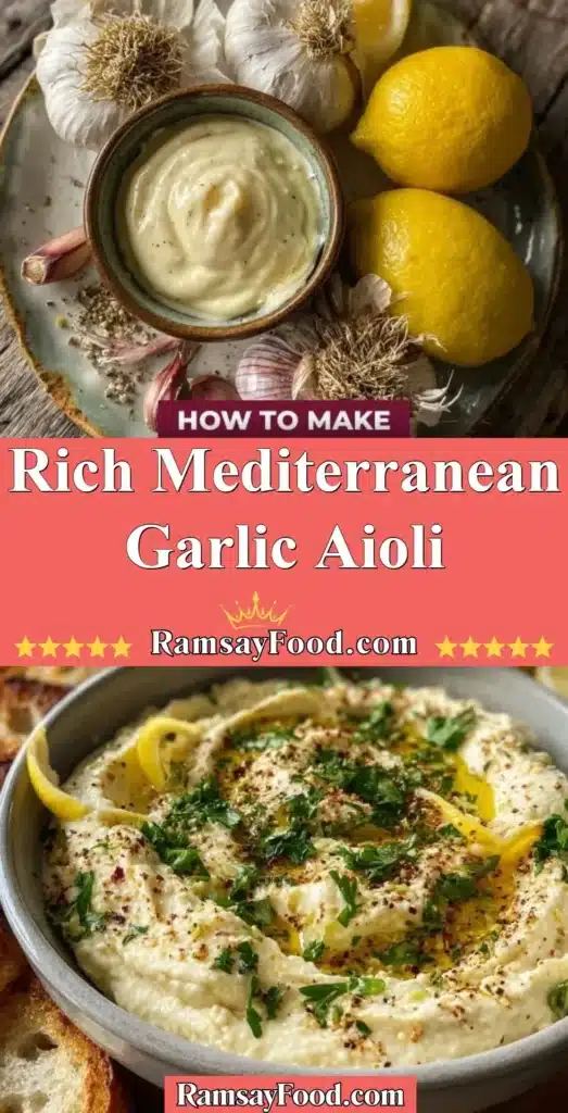 Homemade rich Mediterranean garlic aioli in a bowl with garlic cloves.