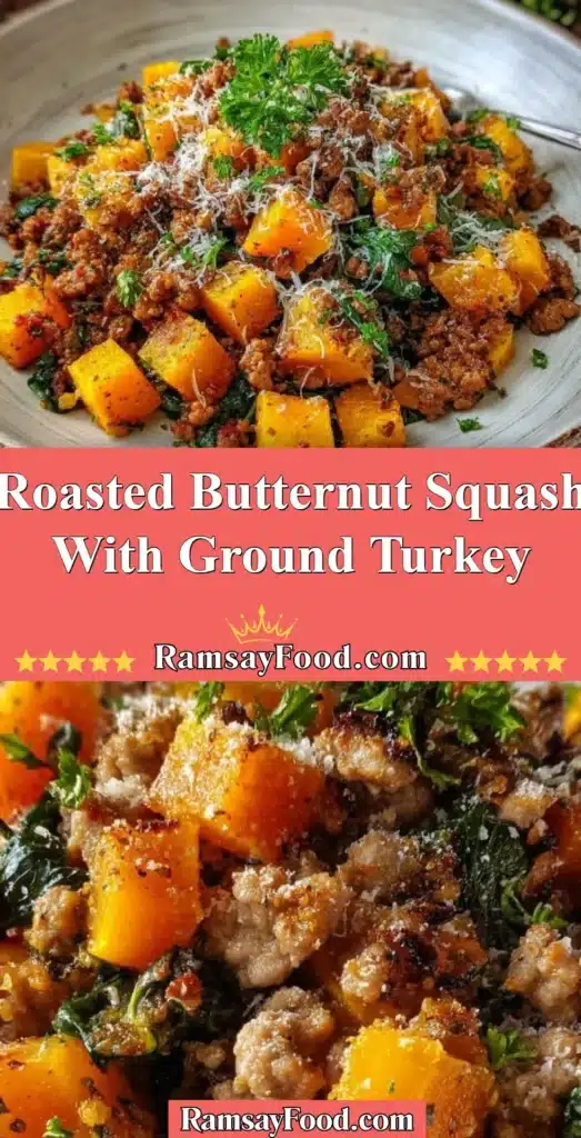 Roasted butternut squash with ground turkey served on a plate