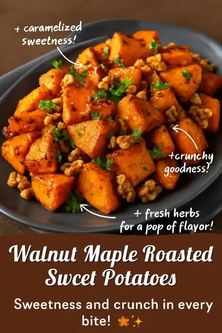 Roasted maple sweet potatoes with walnuts on a serving platter