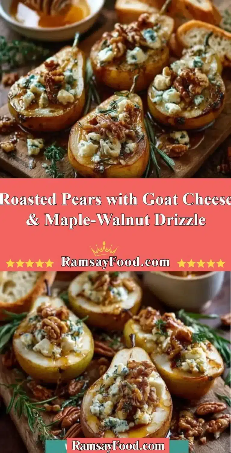Delicious roasted pears with goat cheese and maple-walnut drizzle on a plate
