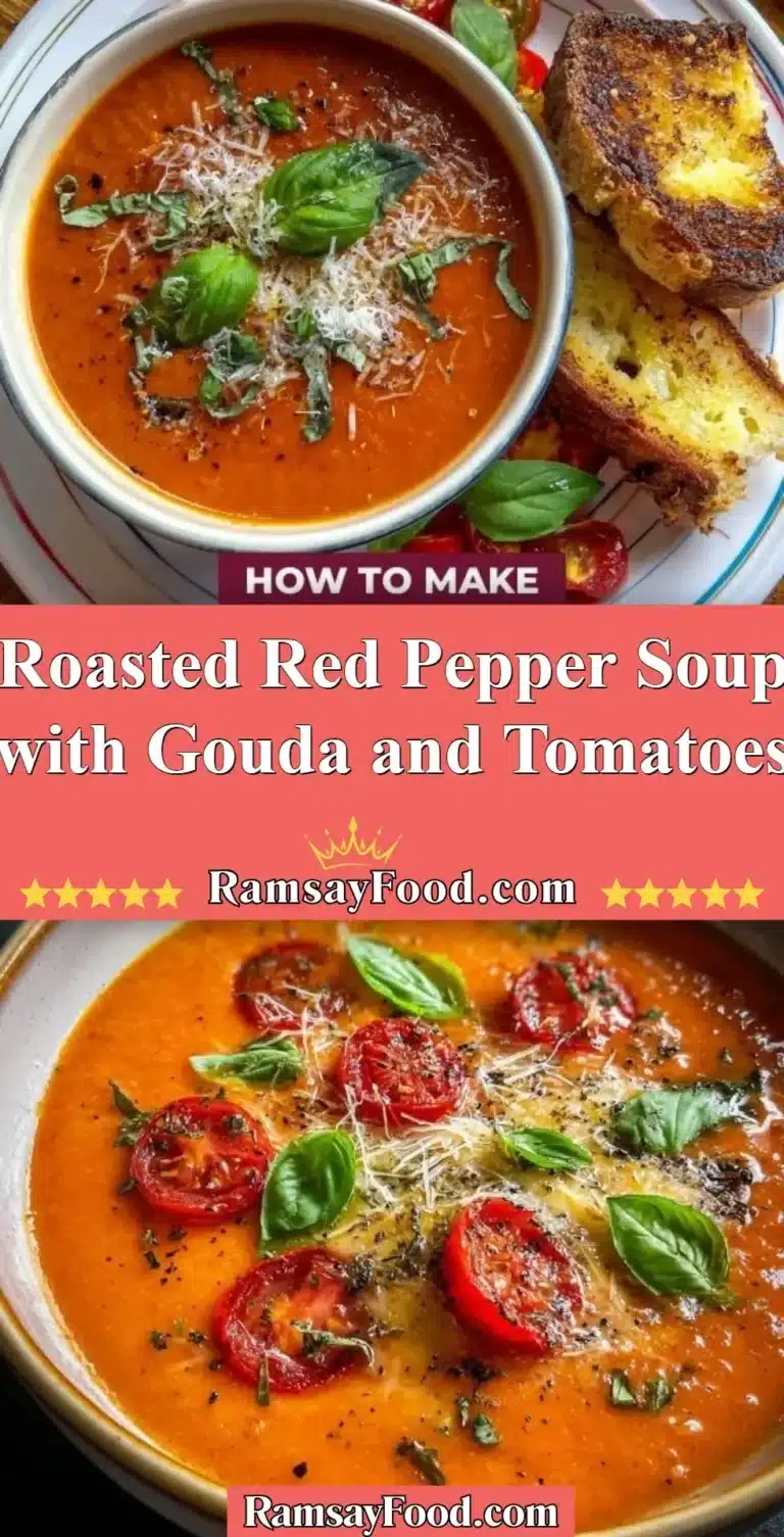 A bowl of creamy roasted red pepper soup garnished with Gouda and fresh tomatoes.