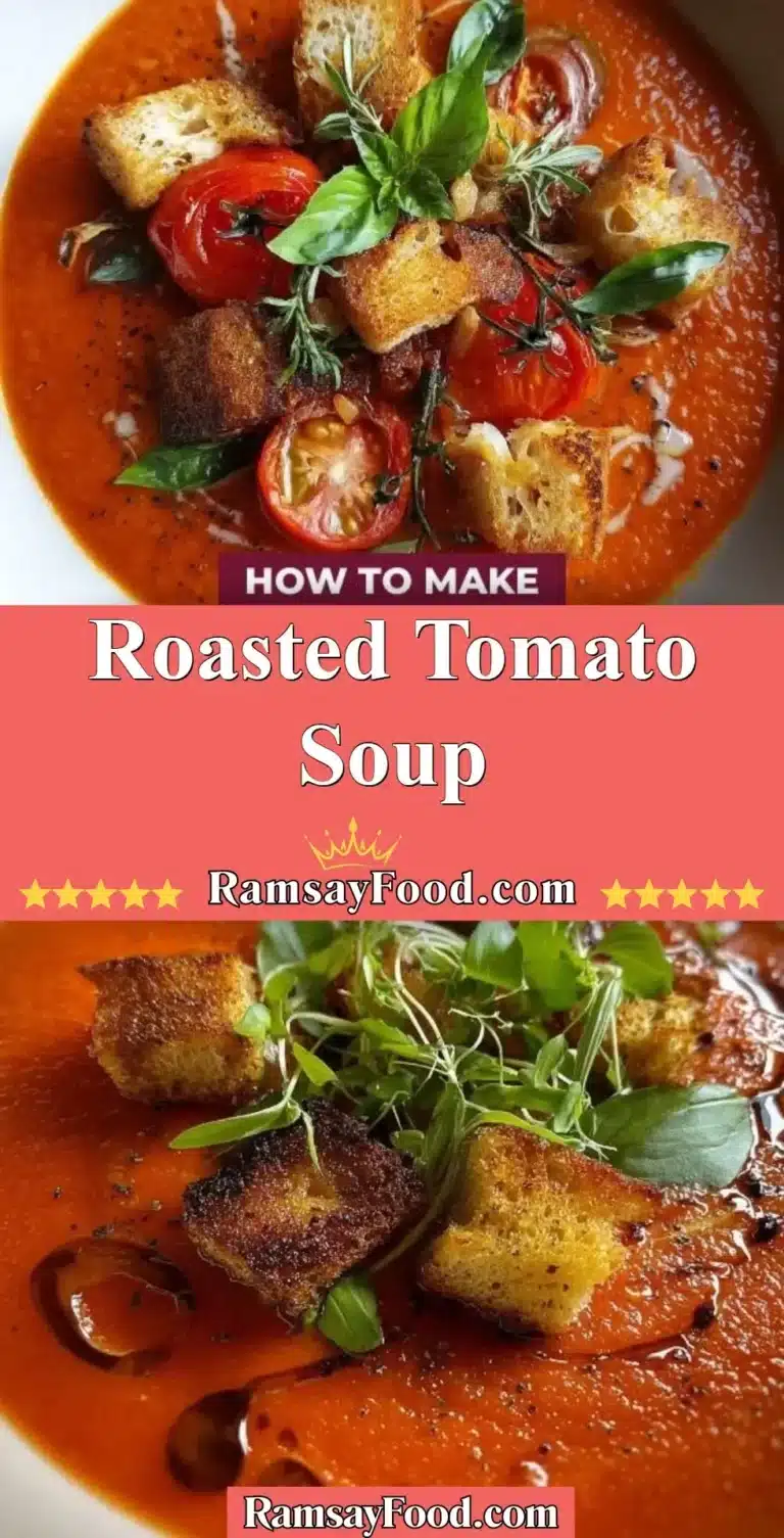 Delicious roasted tomato soup served in a bowl, garnished with fresh herbs