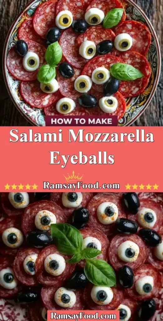 Salami mozzarella eyeballs served on a platter for a Halloween appetizer.