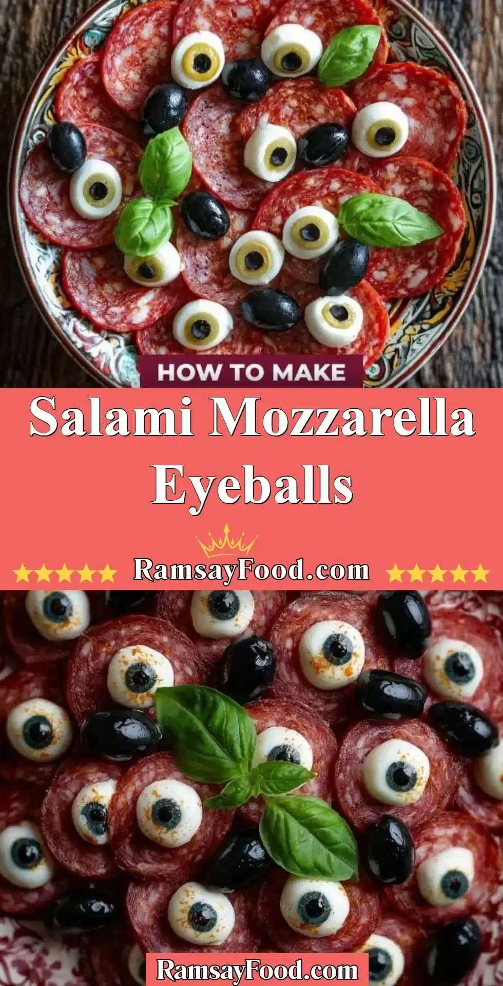 Salami mozzarella eyeballs served on a platter for a Halloween appetizer.