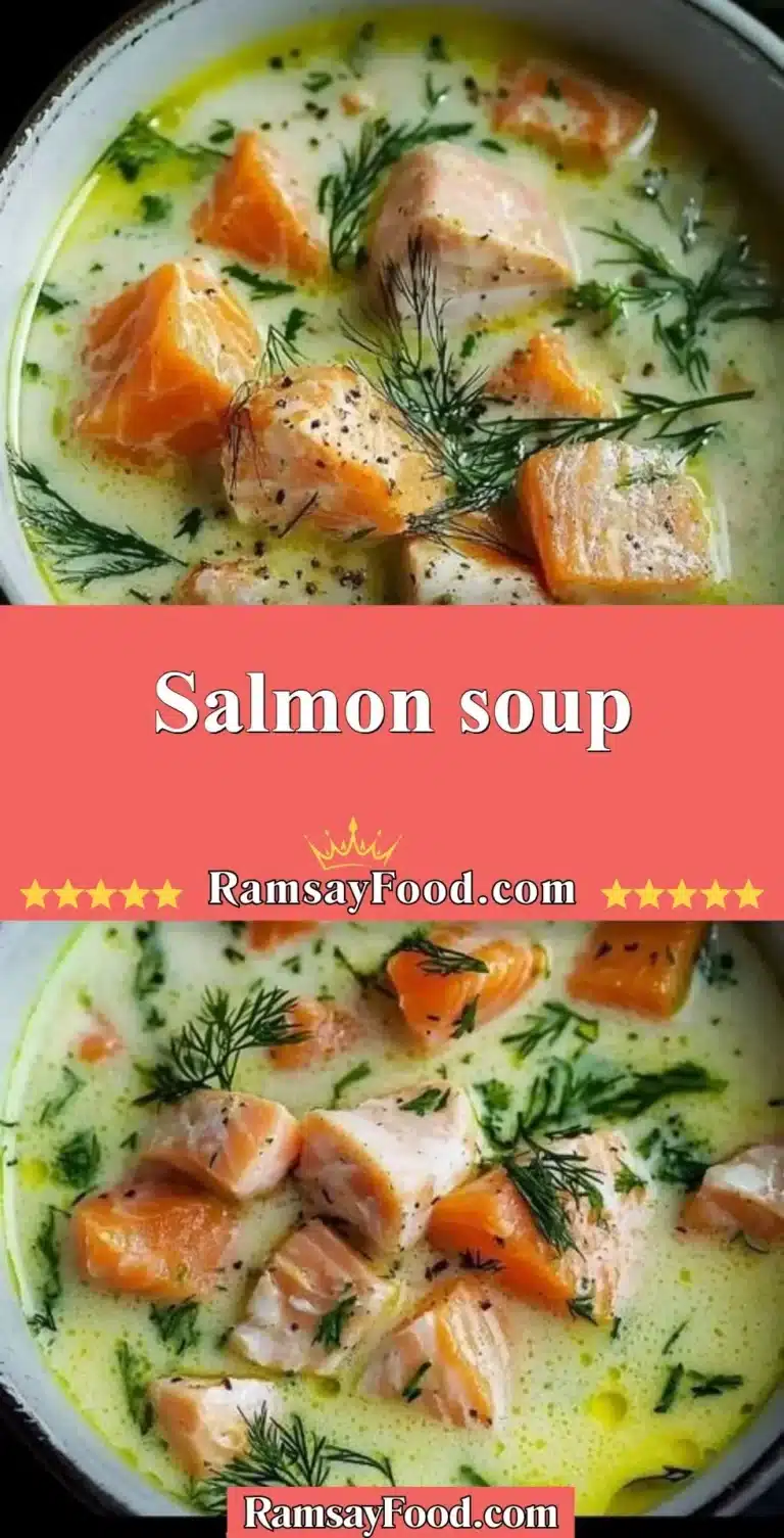 Delicious salmon soup garnished with herbs and vegetables in a bowl
