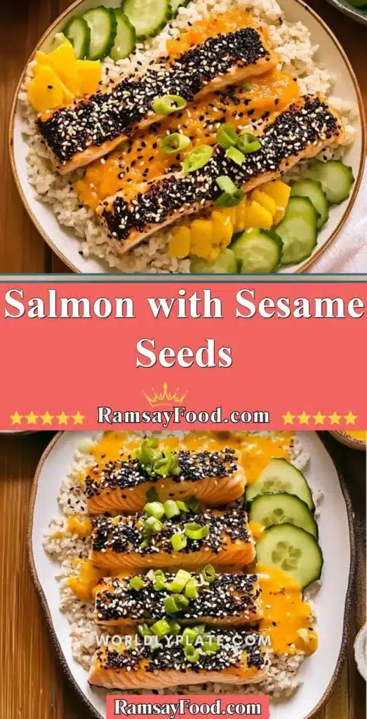 Delicious salmon fillet topped with sesame seeds and garnish on a plate