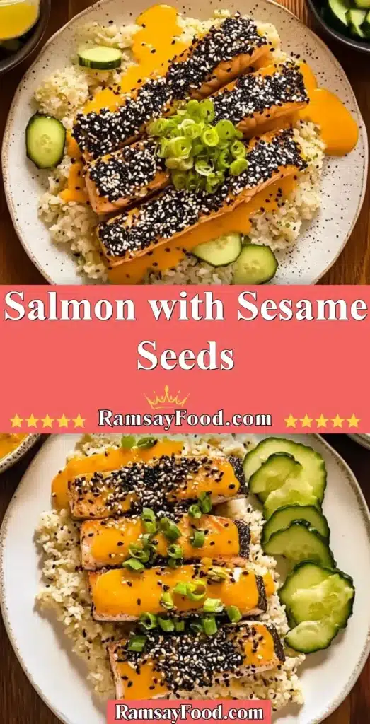 Delicious salmon fillet garnished with toasted sesame seeds.