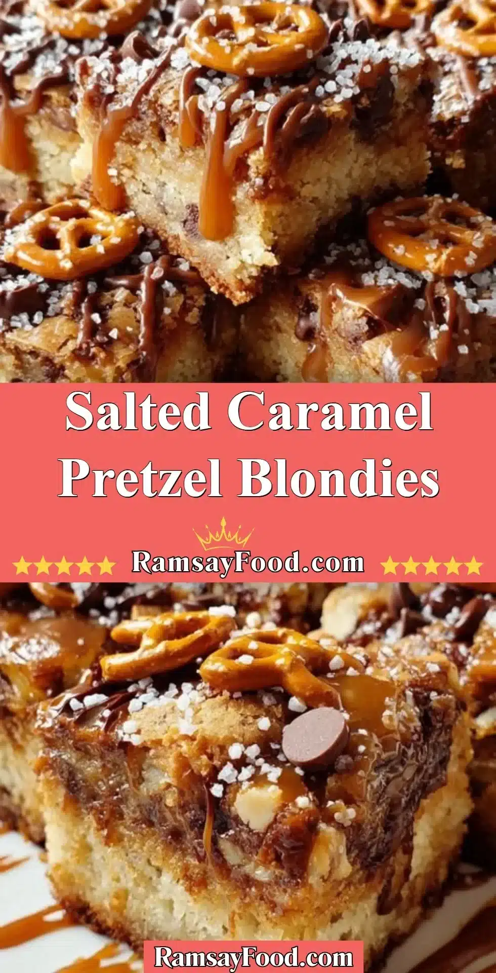 Salted Caramel Pretzel Blondies 2 Delicious salted caramel pretzel blondies on a serving plate