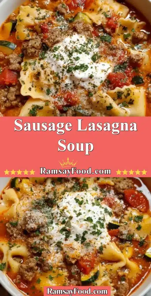 Delicious bowl of Sausage Lasagna Soup topped with cheese and herbs.