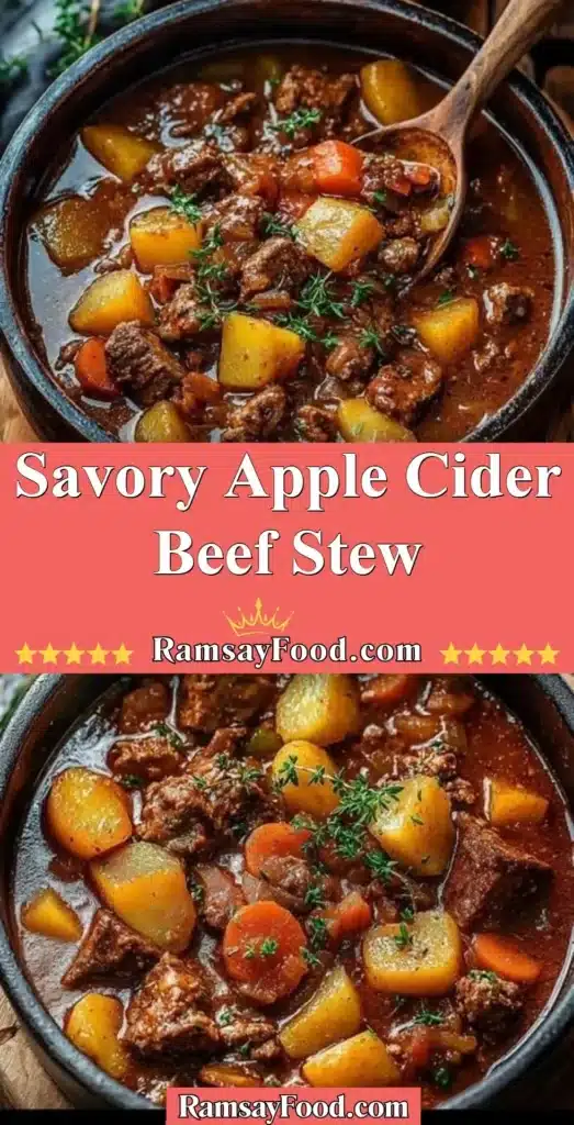 Bowl of savory Apple Cider Beef Stew with garnishes